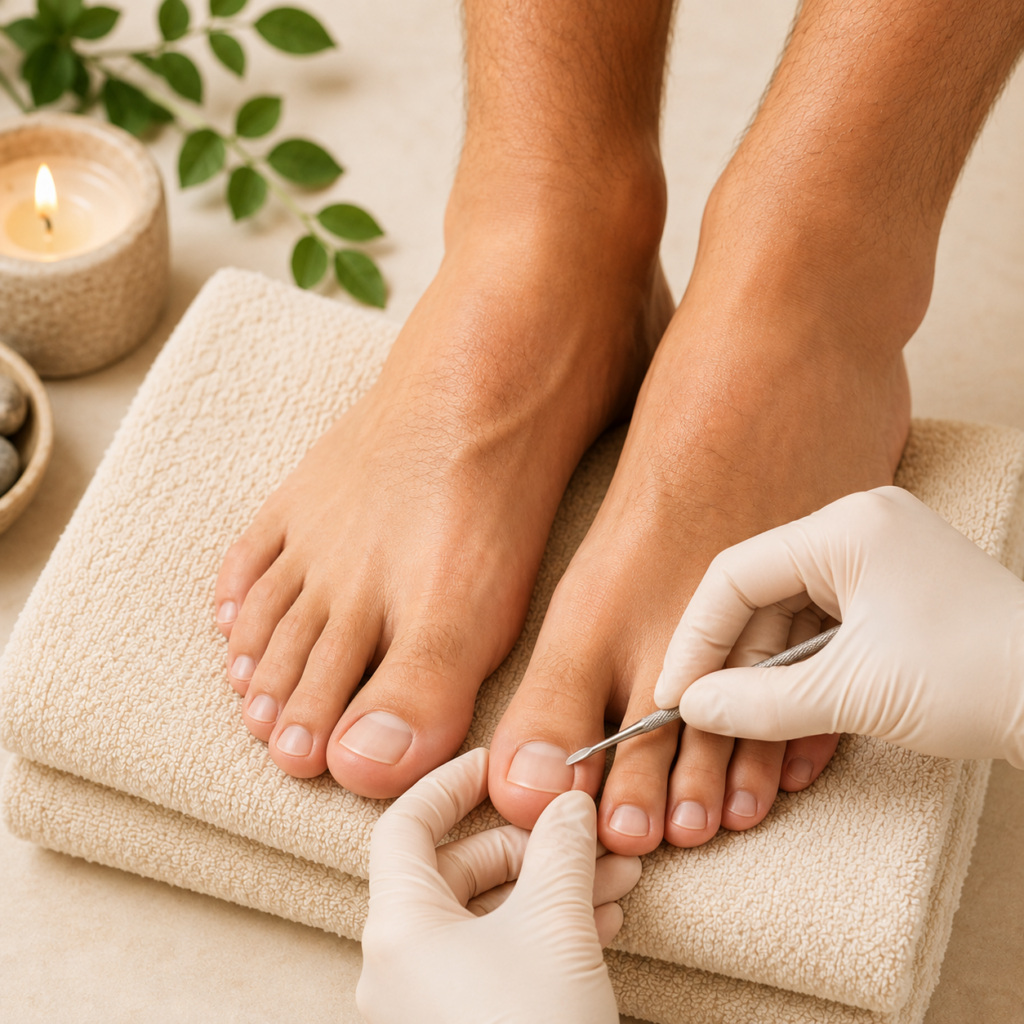 Opracowanie skórek podczas pedicure męskiego w Angel Nails