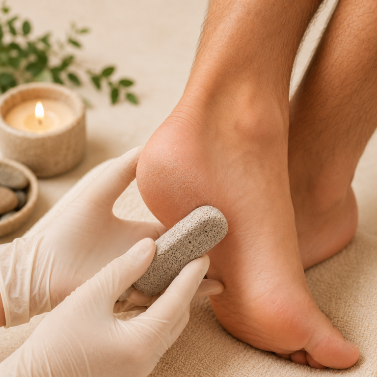 Wygładzanie pięt podczas pedicure męskiego w Redzie
